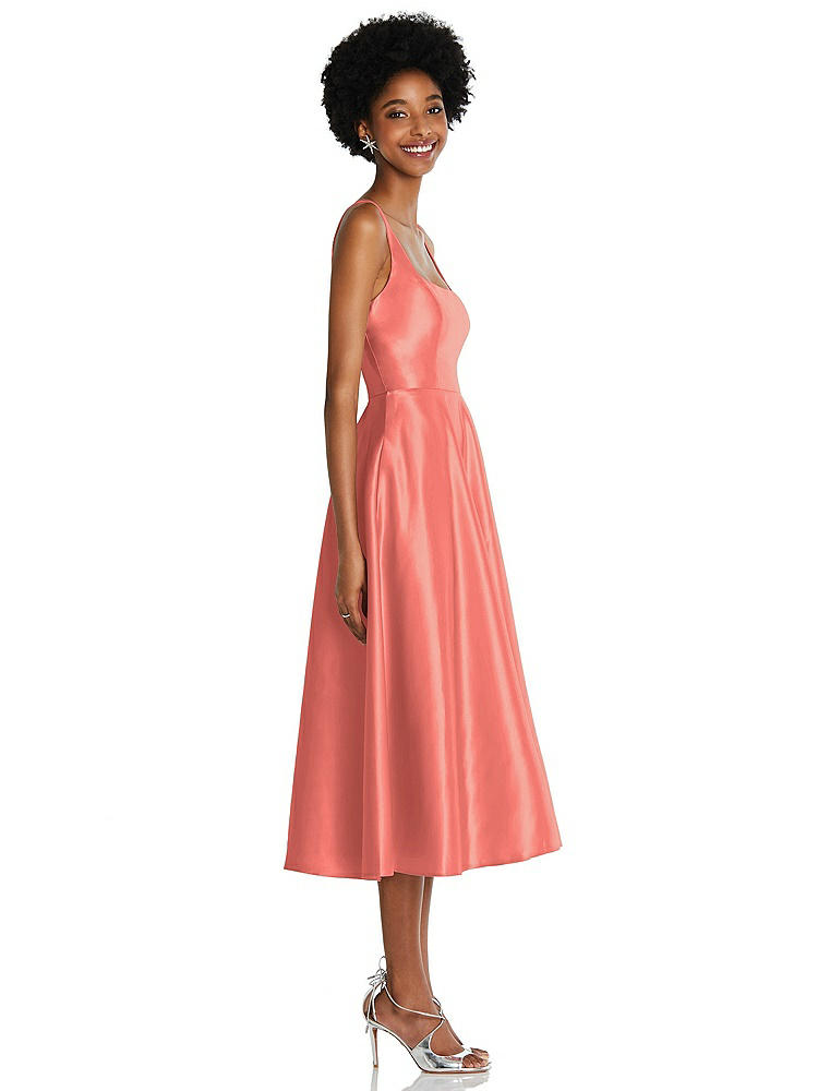 【STYLE: TH092】Square Neck Full Skirt Satin Midi Dress with Pockets【COLOR: Ginger】