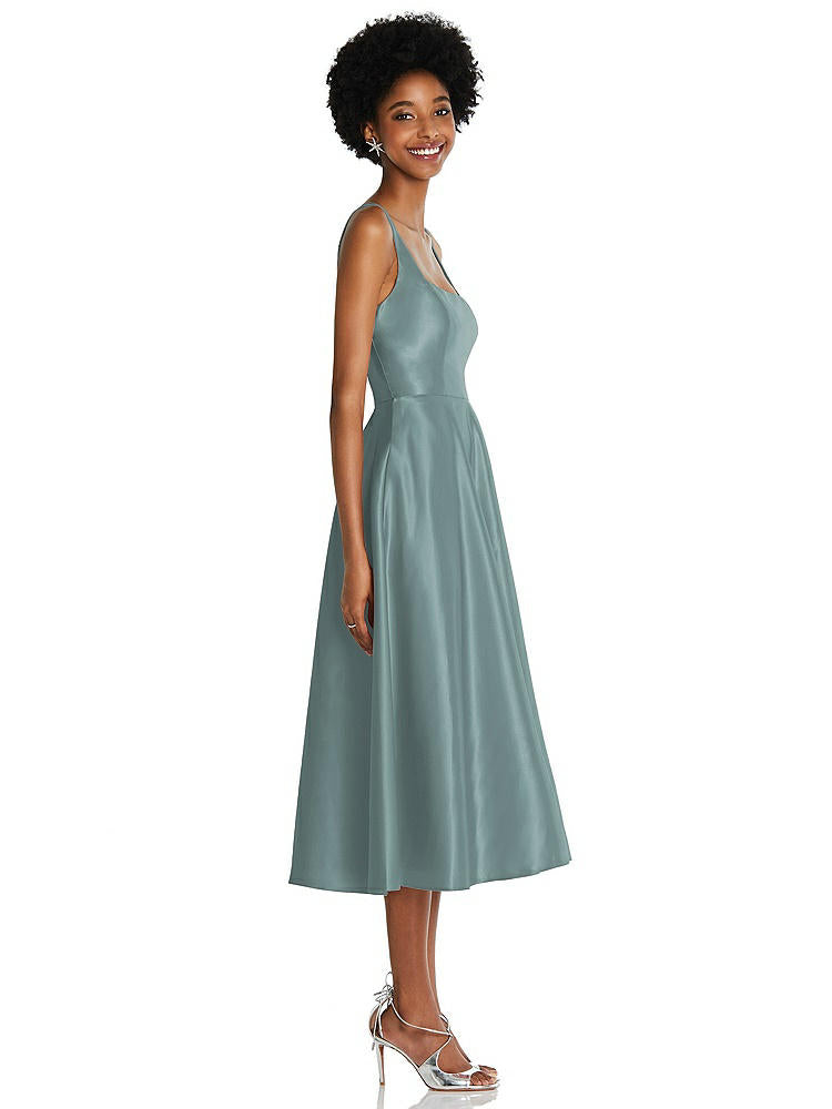 【STYLE: TH092】Square Neck Full Skirt Satin Midi Dress with Pockets【COLOR: Icelandic】