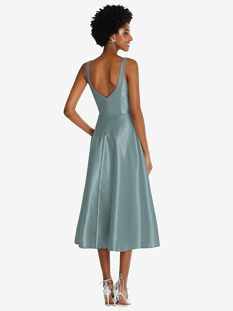 【STYLE: TH092】Square Neck Full Skirt Satin Midi Dress with Pockets【COLOR: Icelandic】