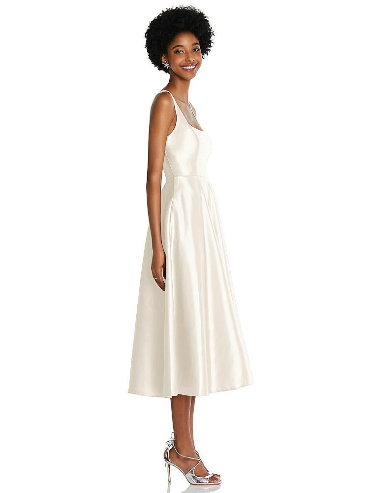 【STYLE: TH092】Square Neck Full Skirt Satin Midi Dress with Pockets【COLOR: Ivory】