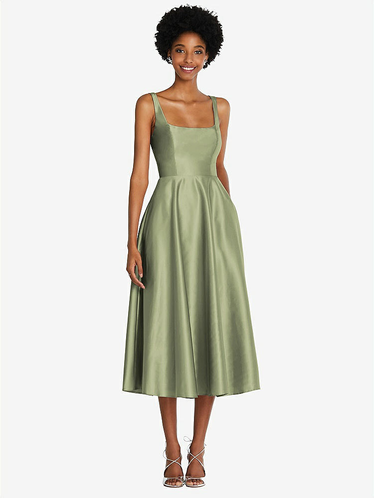【STYLE: TH092】Square Neck Full Skirt Satin Midi Dress with Pockets【COLOR: Kiwi】