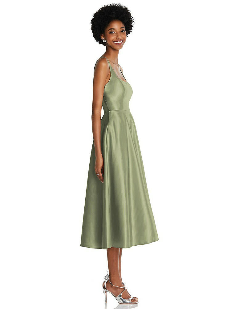 【STYLE: TH092】Square Neck Full Skirt Satin Midi Dress with Pockets【COLOR: Kiwi】