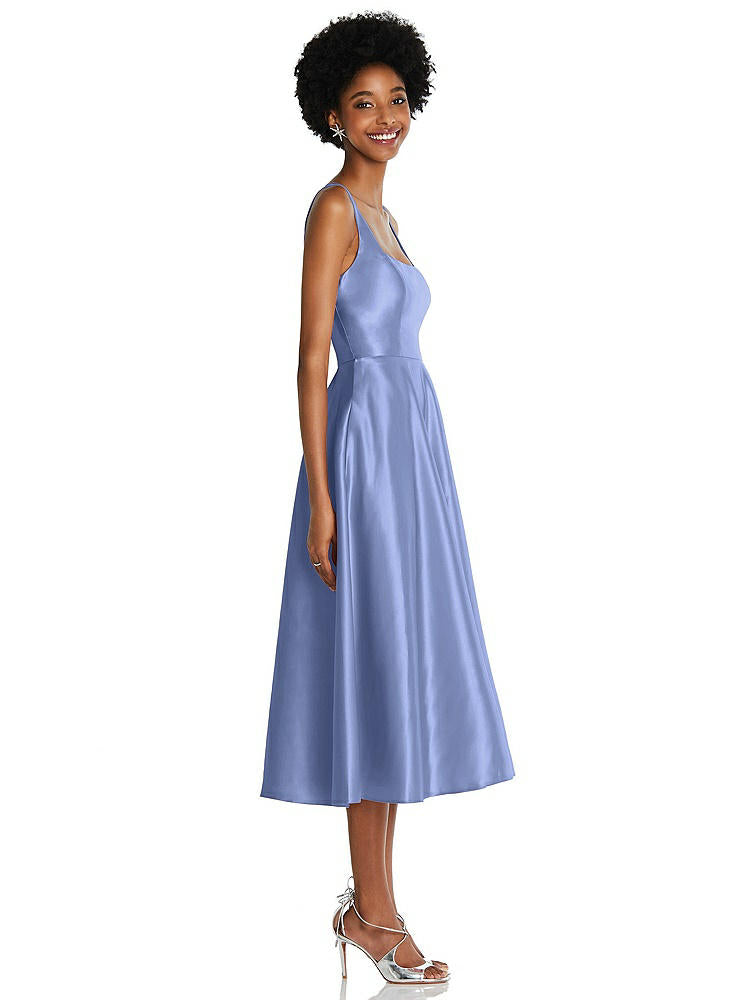 【STYLE: TH092】Square Neck Full Skirt Satin Midi Dress with Pockets【COLOR: Periwinkle - PANTONE Serenity】