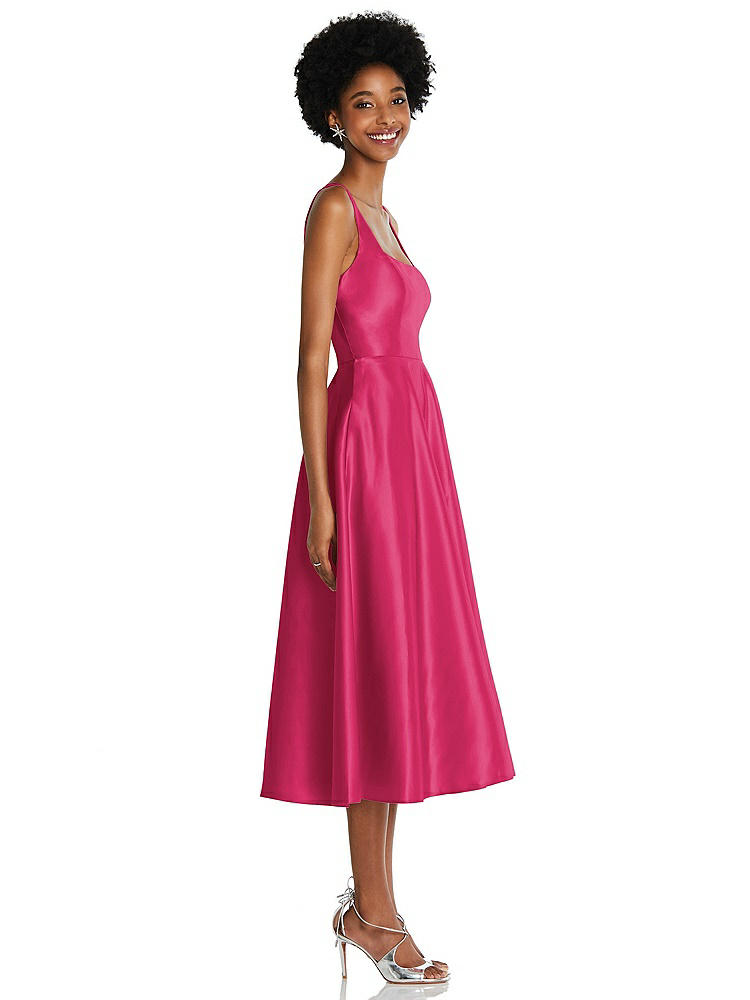 【STYLE: TH092】Square Neck Full Skirt Satin Midi Dress with Pockets【COLOR: Posie】