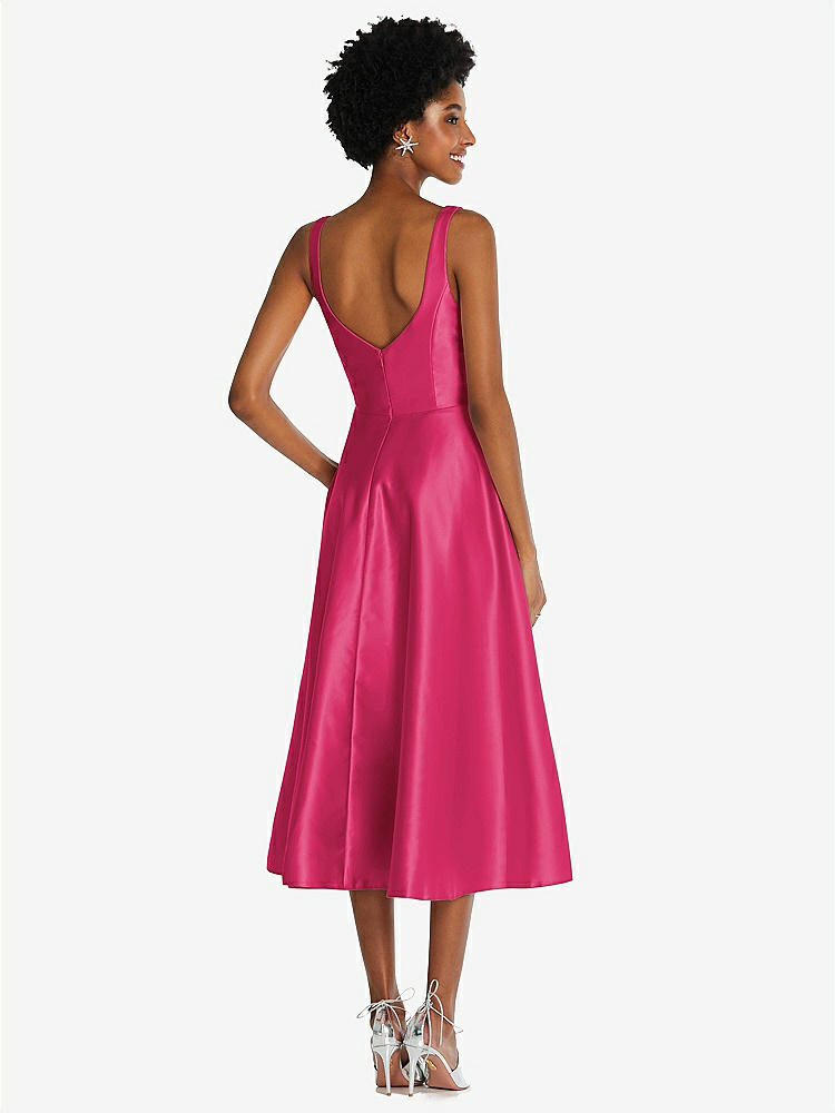 【STYLE: TH092】Square Neck Full Skirt Satin Midi Dress with Pockets【COLOR: Posie】