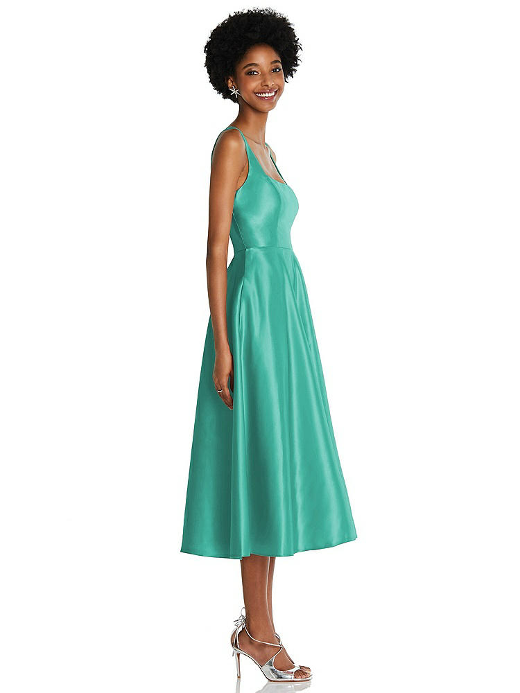 【STYLE: TH092】Square Neck Full Skirt Satin Midi Dress with Pockets【COLOR: Pantone Turquoise】