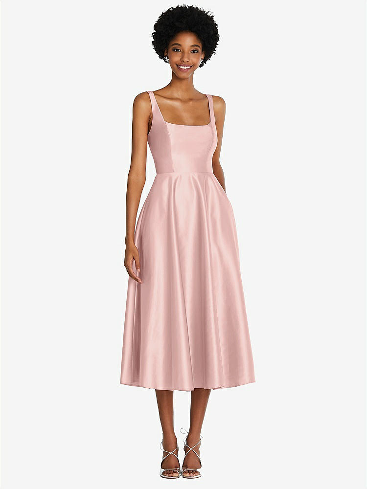 【STYLE: TH092】Square Neck Full Skirt Satin Midi Dress with Pockets【COLOR: Rose - PANTONE Rose Quartz】