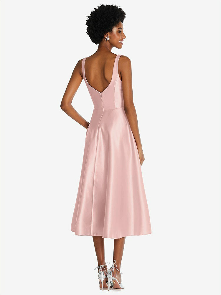 【STYLE: TH092】Square Neck Full Skirt Satin Midi Dress with Pockets【COLOR: Rose - PANTONE Rose Quartz】