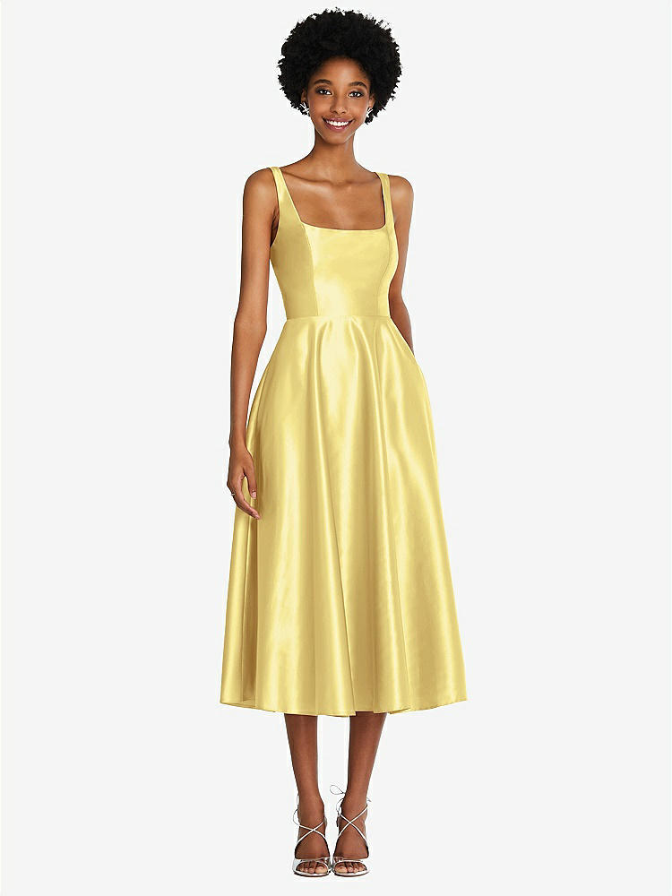 【STYLE: TH092】Square Neck Full Skirt Satin Midi Dress with Pockets【COLOR: Sunflower】