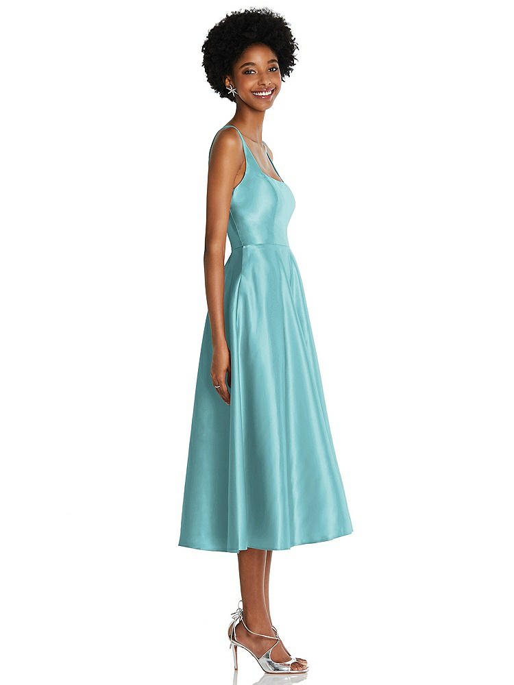 【STYLE: TH092】Square Neck Full Skirt Satin Midi Dress with Pockets【COLOR: Spa】