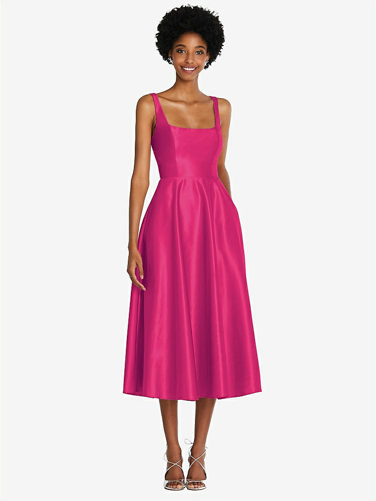 【STYLE: TH092】Square Neck Full Skirt Satin Midi Dress with Pockets【COLOR: Think Pink】