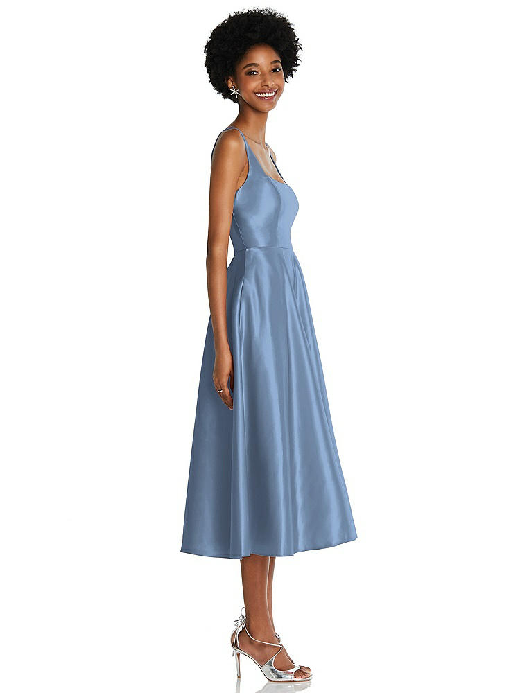 【STYLE: TH092】Square Neck Full Skirt Satin Midi Dress with Pockets【COLOR: Windsor Blue】