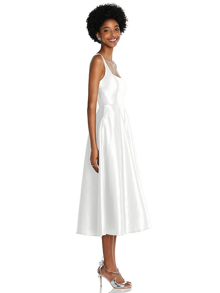 【STYLE: TH092】Square Neck Full Skirt Satin Midi Dress with Pockets【COLOR: White】