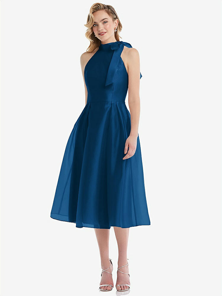 【STYLE: D833】Scarf-Tie High-Neck Halter Organdy Midi Dress【COLOR: Comet】