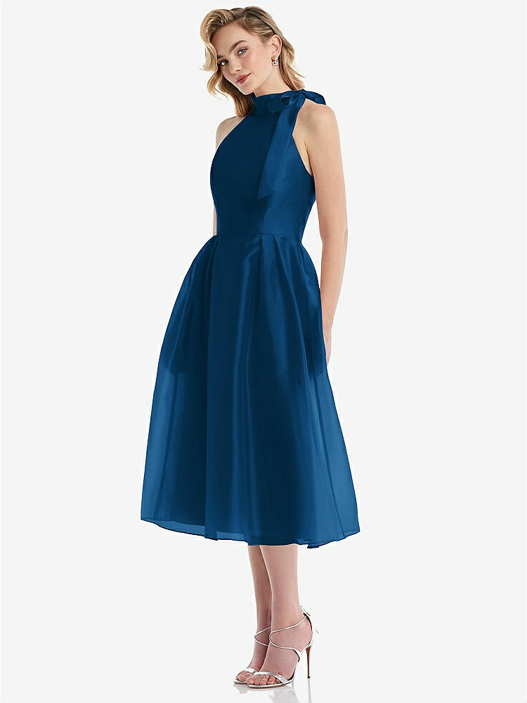 【STYLE: D833】Scarf-Tie High-Neck Halter Organdy Midi Dress【COLOR: Comet】