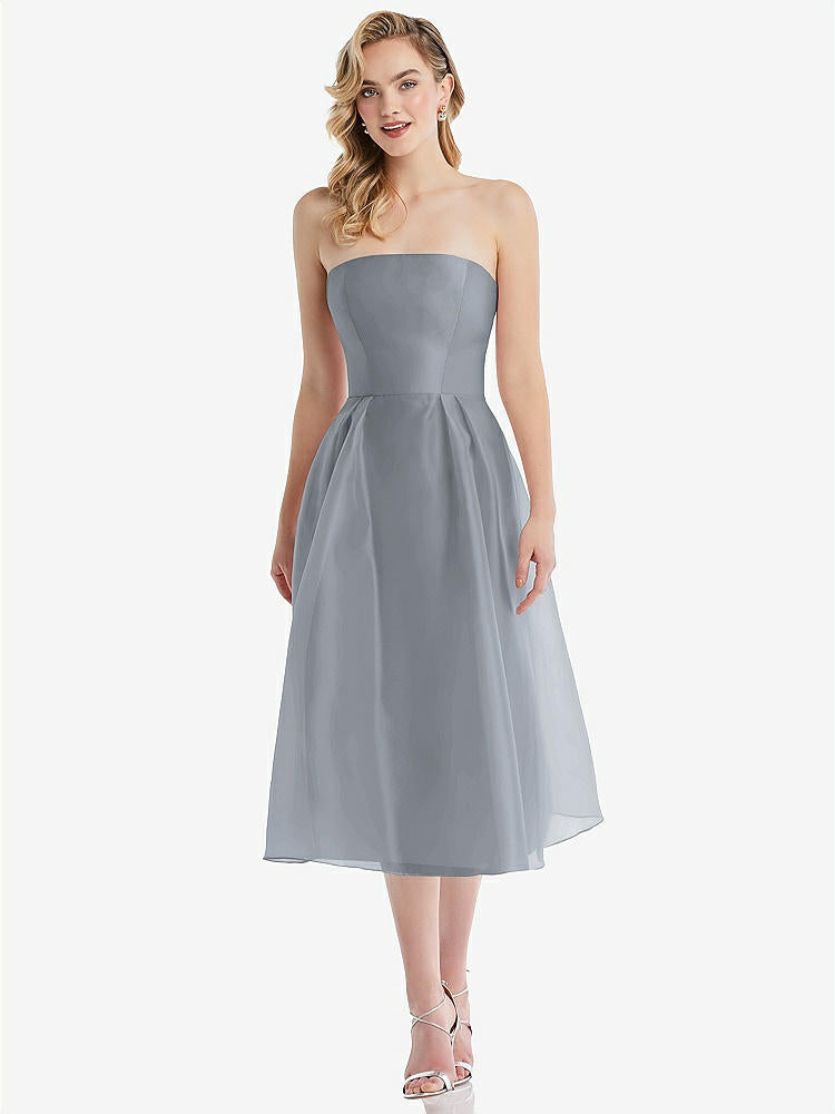 【STYLE: D834】Strapless Pleated Skirt Organdy Midi Dress【COLOR: Platinum】