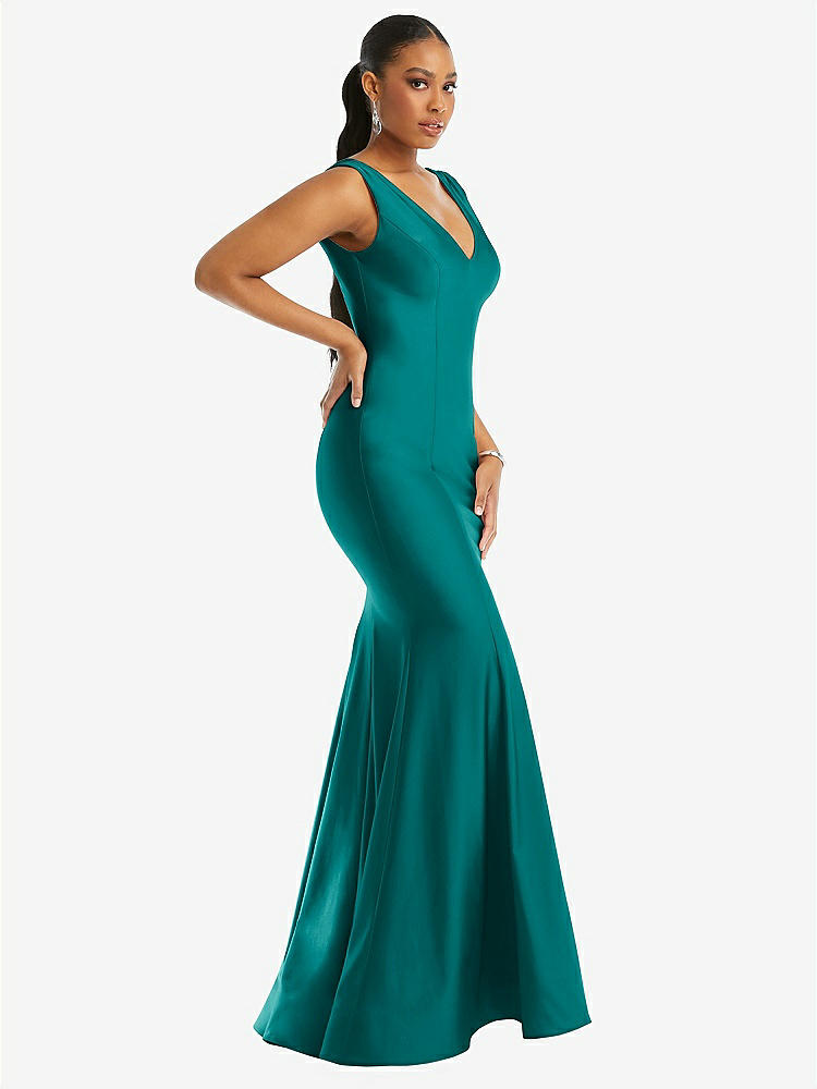 【STYLE: CS100】Shirred Shoulder Stretch Satin Mermaid Dress with Slight Train【COLOR: Peacock Teal】