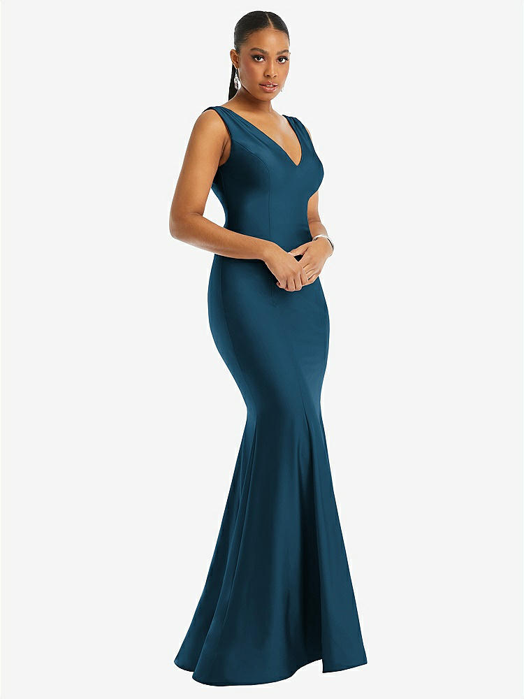 【STYLE: CS100】Shirred Shoulder Stretch Satin Mermaid Dress with Slight Train【COLOR: Atlantic Blue】