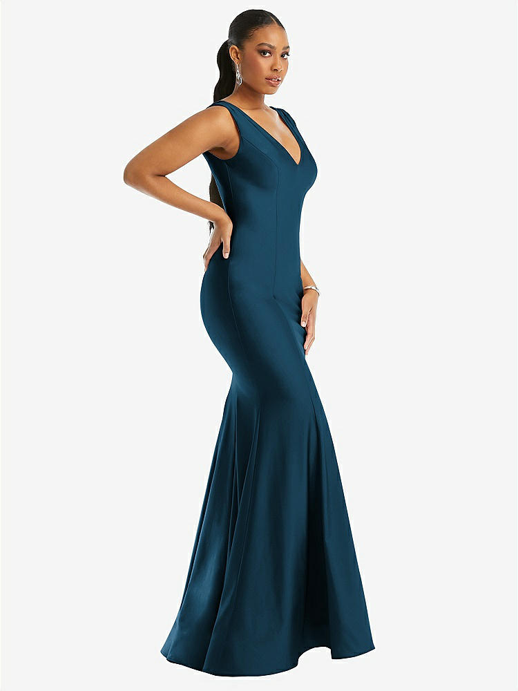 【STYLE: CS100】Shirred Shoulder Stretch Satin Mermaid Dress with Slight Train【COLOR: Atlantic Blue】