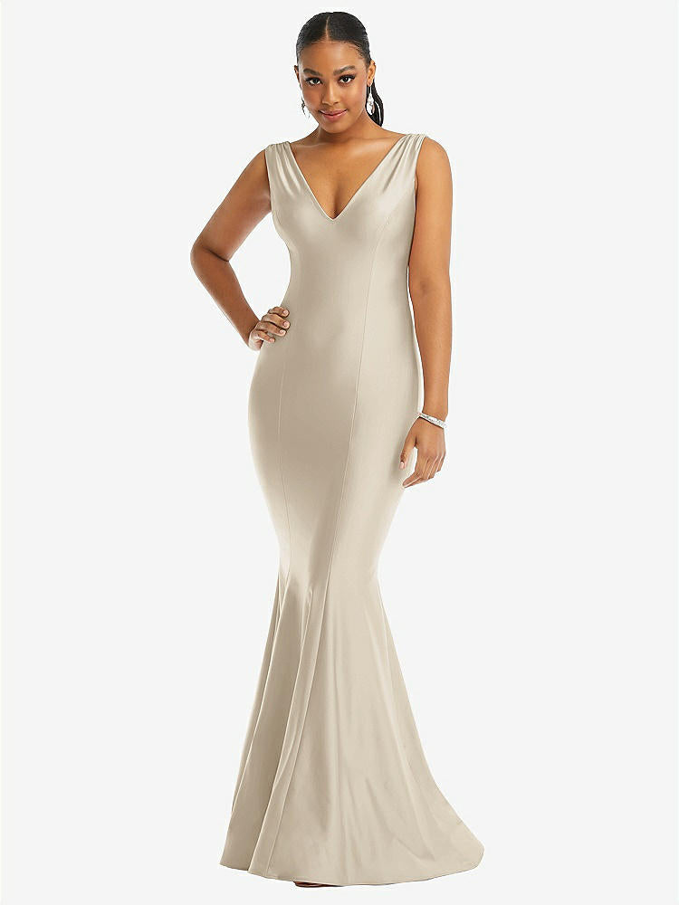 【STYLE: CS100】Shirred Shoulder Stretch Satin Mermaid Dress with Slight Train【COLOR: Champagne】