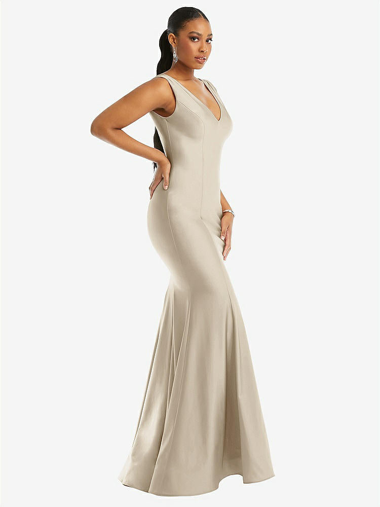 【STYLE: CS100】Shirred Shoulder Stretch Satin Mermaid Dress with Slight Train【COLOR: Champagne】