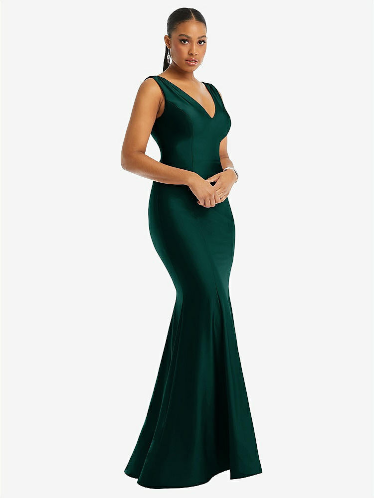 【STYLE: CS100】Shirred Shoulder Stretch Satin Mermaid Dress with Slight Train【COLOR: Evergreen】