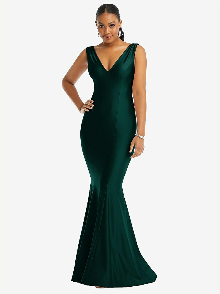 【STYLE: CS100】Shirred Shoulder Stretch Satin Mermaid Dress with Slight Train【COLOR: Evergreen】