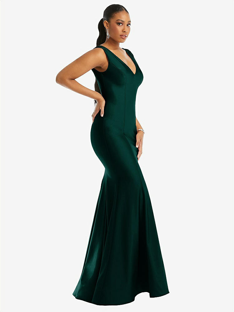 【STYLE: CS100】Shirred Shoulder Stretch Satin Mermaid Dress with Slight Train【COLOR: Evergreen】