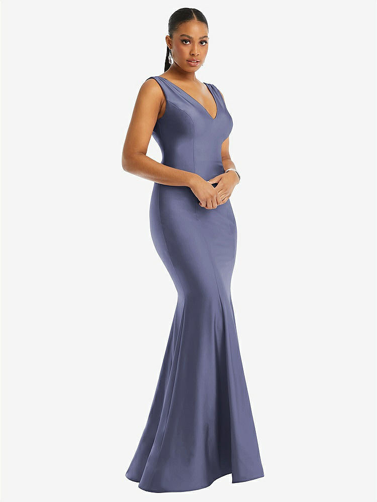 【STYLE: CS100】Shirred Shoulder Stretch Satin Mermaid Dress with Slight Train【COLOR: French Blue】