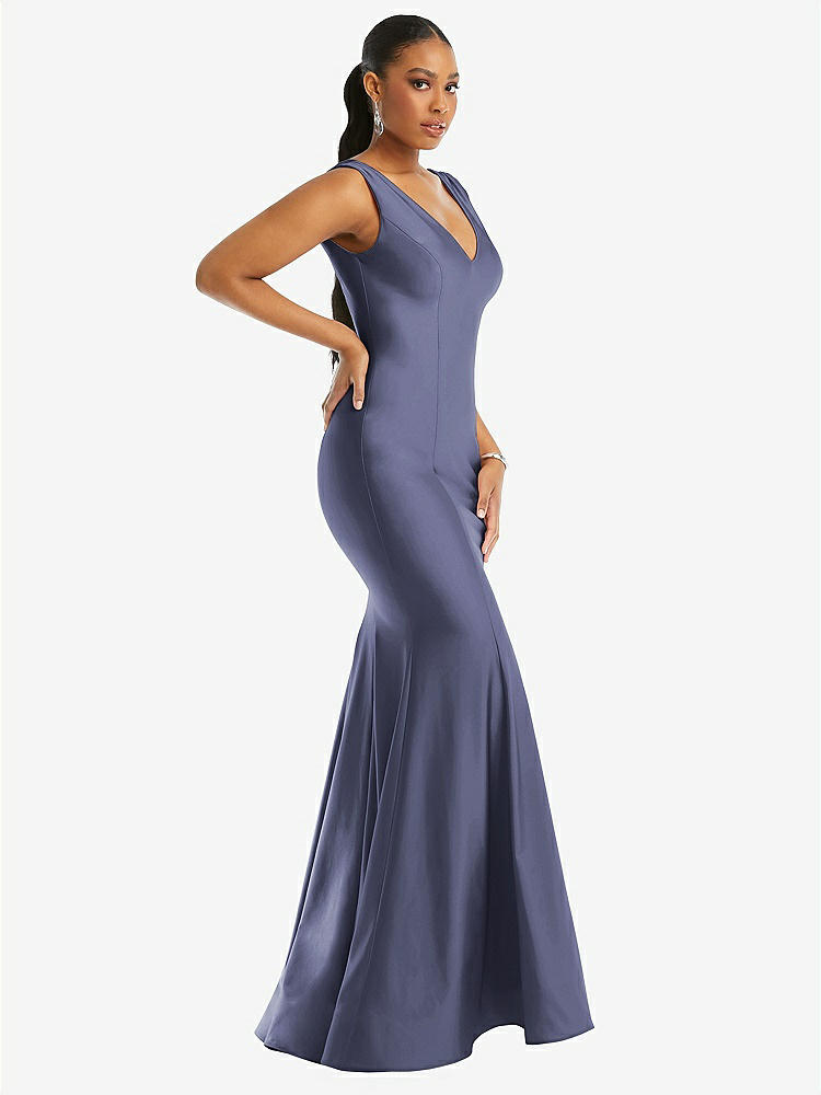 【STYLE: CS100】Shirred Shoulder Stretch Satin Mermaid Dress with Slight Train【COLOR: French Blue】