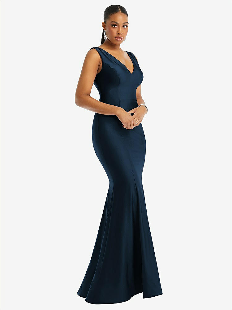 【STYLE: CS100】Shirred Shoulder Stretch Satin Mermaid Dress with Slight Train【COLOR: Midnight Navy】