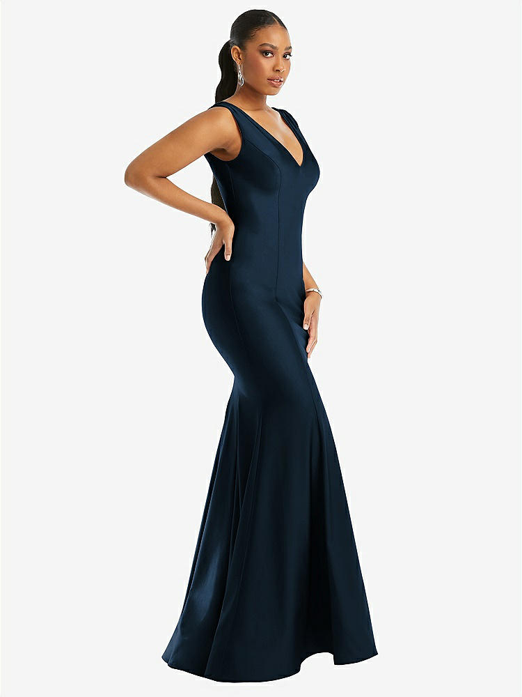 【STYLE: CS100】Shirred Shoulder Stretch Satin Mermaid Dress with Slight Train【COLOR: Midnight Navy】