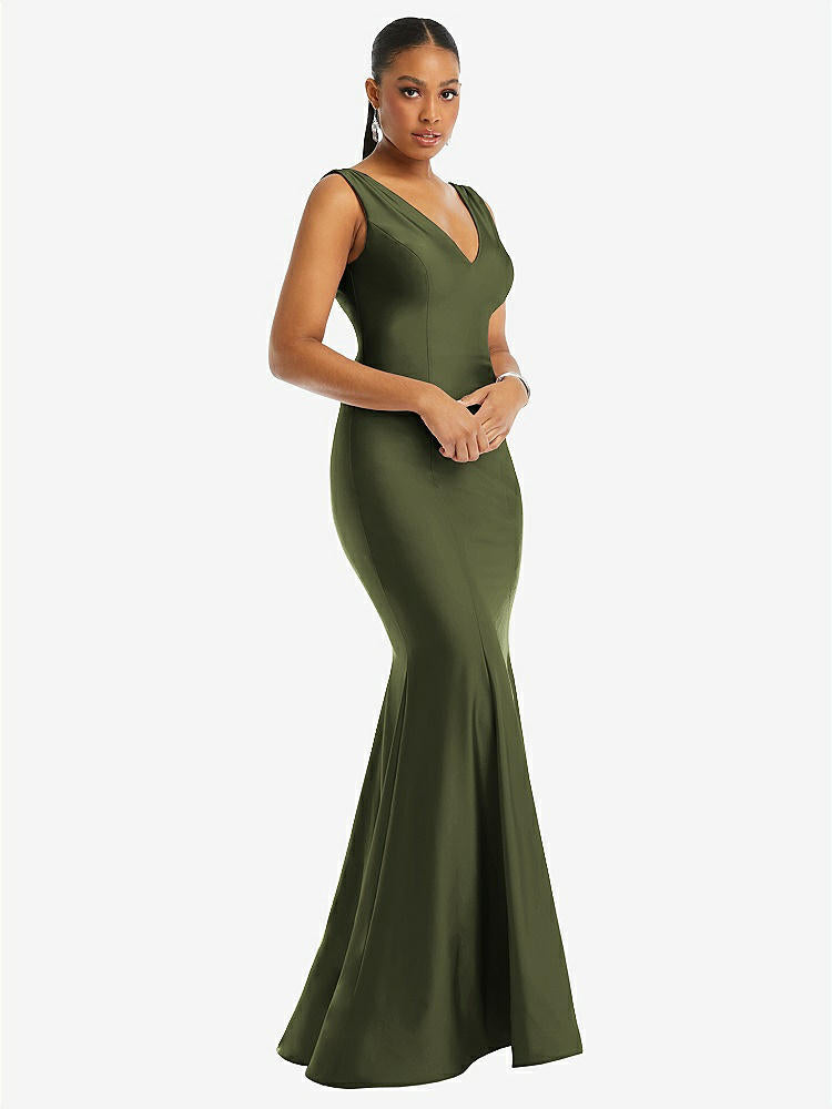 【STYLE: CS100】Shirred Shoulder Stretch Satin Mermaid Dress with Slight Train【COLOR: Olive Green】