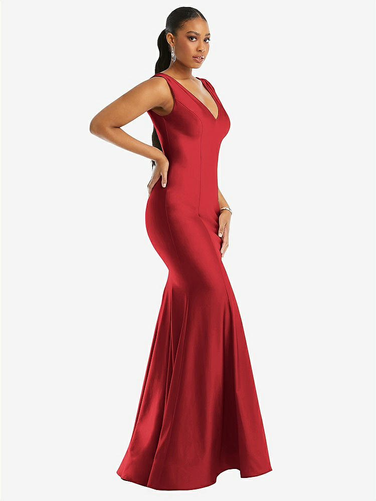 【STYLE: CS100】Shirred Shoulder Stretch Satin Mermaid Dress with Slight Train【COLOR: Poppy Red】