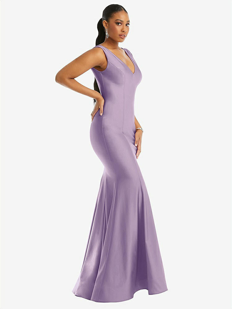 【STYLE: CS100】Shirred Shoulder Stretch Satin Mermaid Dress with Slight Train【COLOR: Pale Purple】