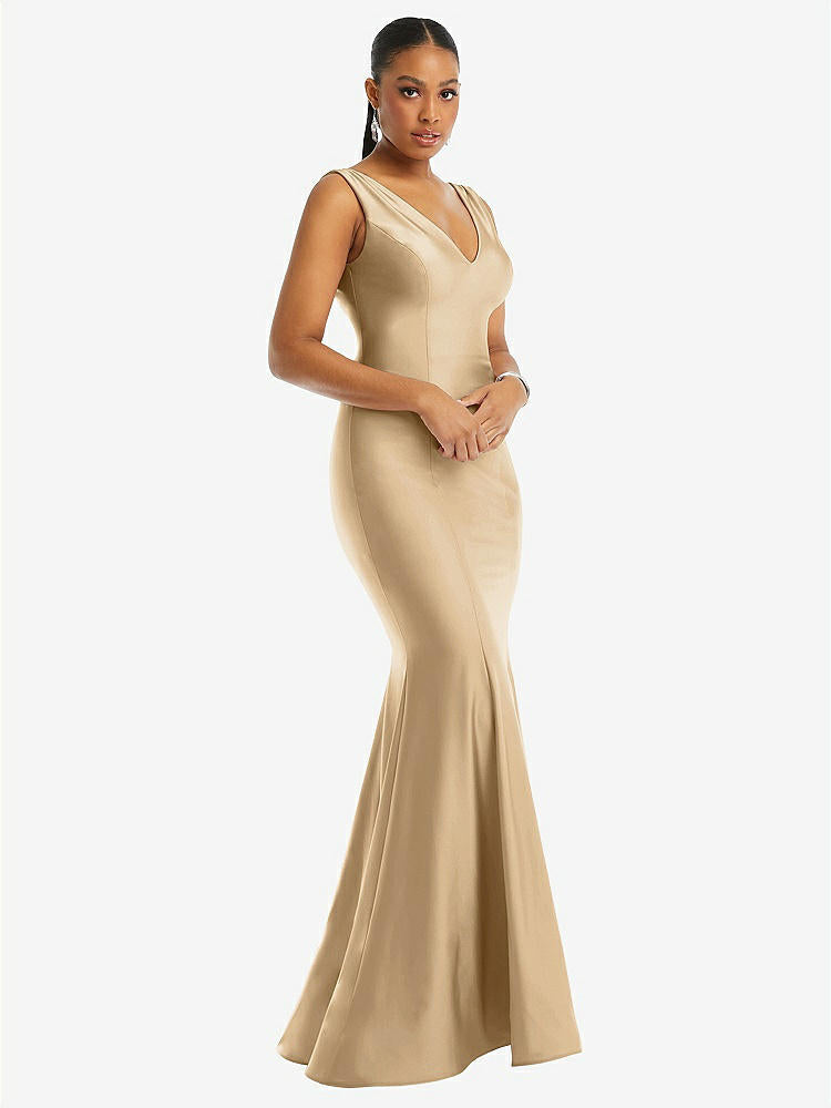 【STYLE: CS100】Shirred Shoulder Stretch Satin Mermaid Dress with Slight Train【COLOR: Soft Gold】