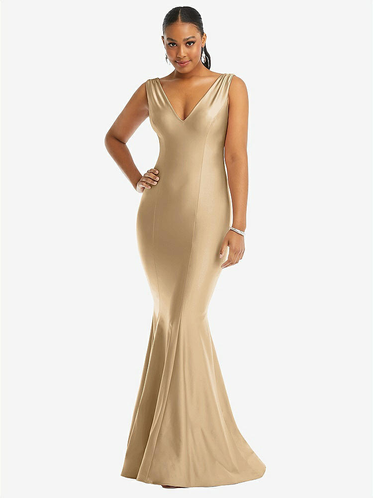 【STYLE: CS100】Shirred Shoulder Stretch Satin Mermaid Dress with Slight Train【COLOR: Soft Gold】