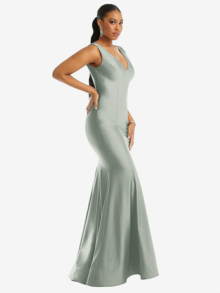 【STYLE: CS100】Shirred Shoulder Stretch Satin Mermaid Dress with Slight Train【COLOR: Willow Green】