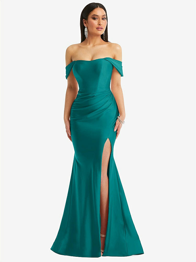 【STYLE: CS101】Off-the-Shoulder Corset Stretch Satin Mermaid Dress with Slight Train【COLOR: Peacock Teal】
