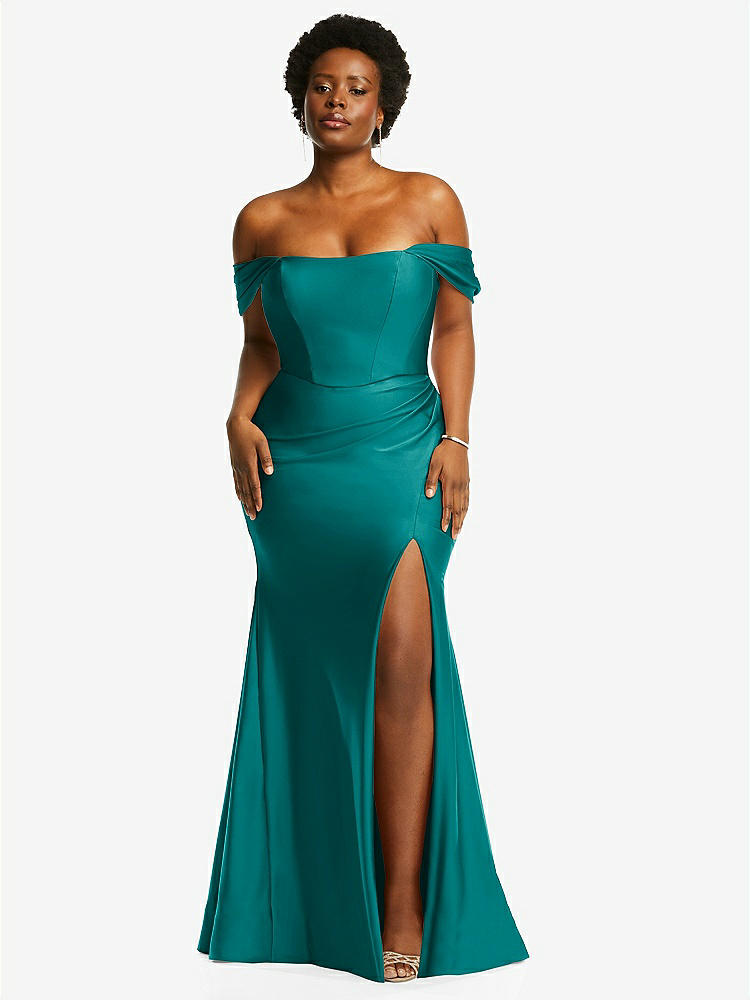 【STYLE: CS101】Off-the-Shoulder Corset Stretch Satin Mermaid Dress with Slight Train【COLOR: Peacock Teal】