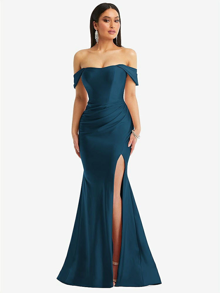 【STYLE: CS101】Off-the-Shoulder Corset Stretch Satin Mermaid Dress with Slight Train【COLOR: Atlantic Blue】