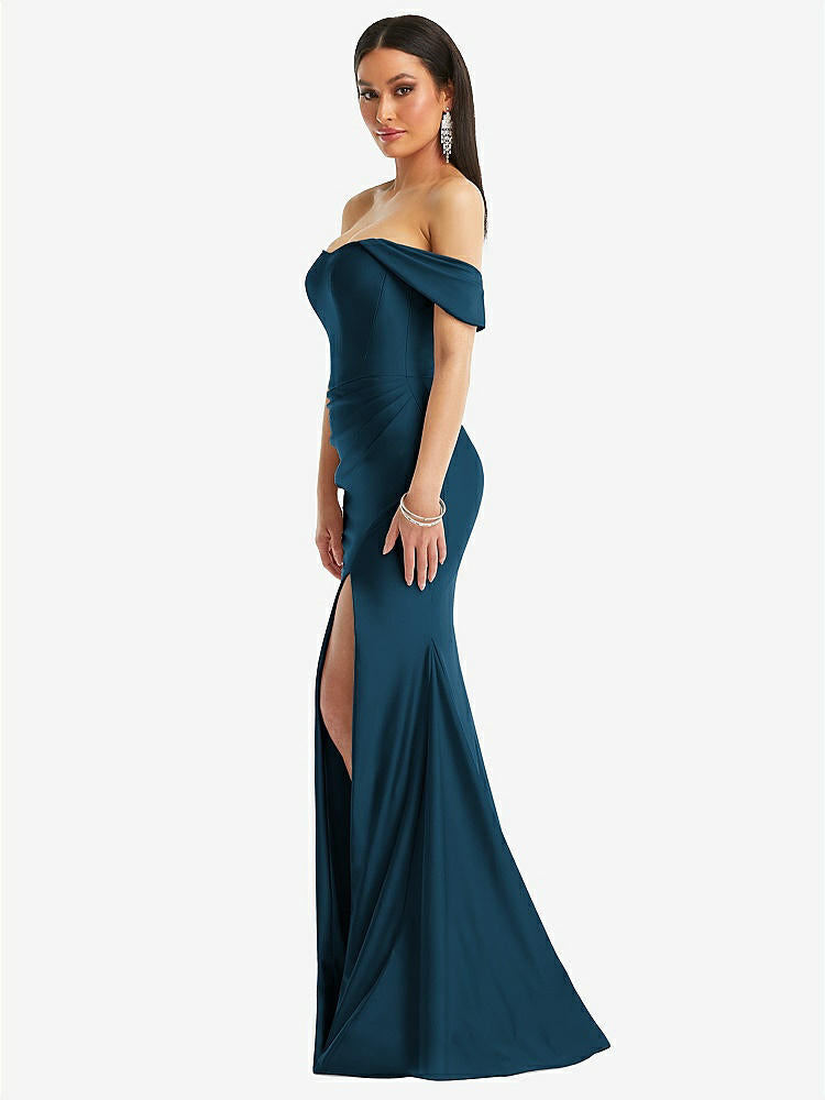 【STYLE: CS101】Off-the-Shoulder Corset Stretch Satin Mermaid Dress with Slight Train【COLOR: Atlantic Blue】
