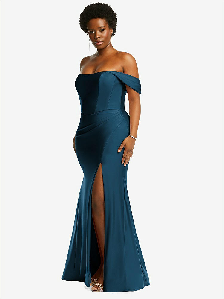【STYLE: CS101】Off-the-Shoulder Corset Stretch Satin Mermaid Dress with Slight Train【COLOR: Atlantic Blue】