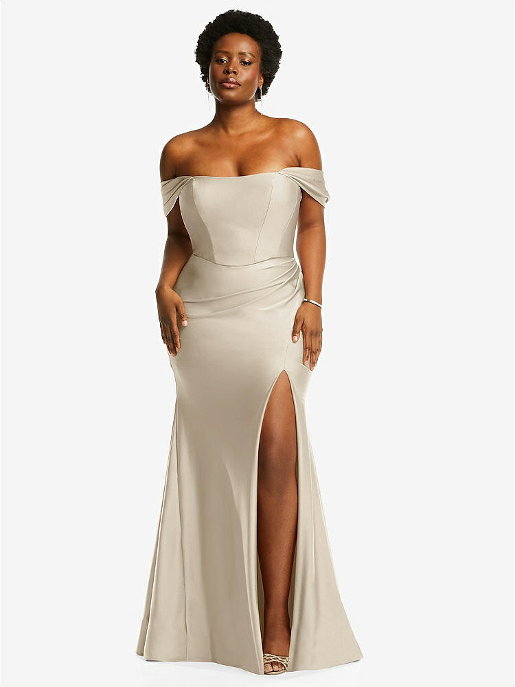 【STYLE: CS101】Off-the-Shoulder Corset Stretch Satin Mermaid Dress with Slight Train【COLOR: Champagne】