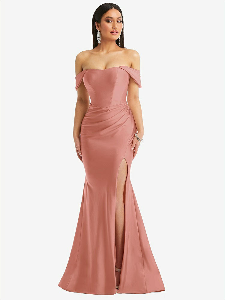 【STYLE: CS101】Off-the-Shoulder Corset Stretch Satin Mermaid Dress with Slight Train【COLOR: Desert Rose】