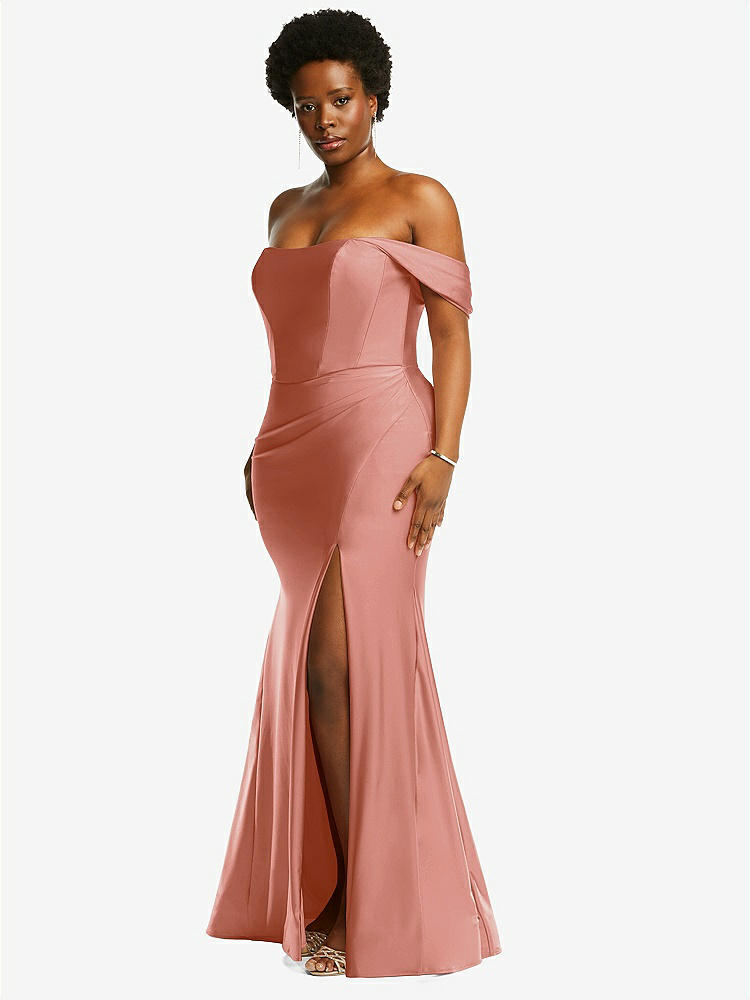 【STYLE: CS101】Off-the-Shoulder Corset Stretch Satin Mermaid Dress with Slight Train【COLOR: Desert Rose】