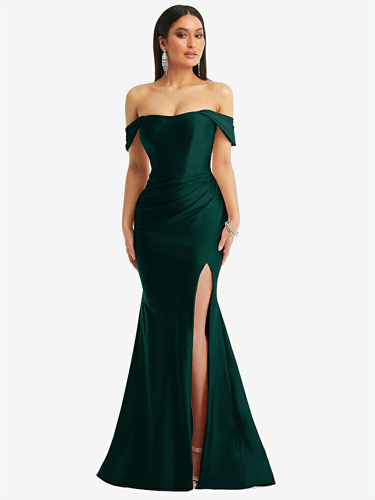 【STYLE: CS101】Off-the-Shoulder Corset Stretch Satin Mermaid Dress with Slight Train【COLOR: Evergreen】