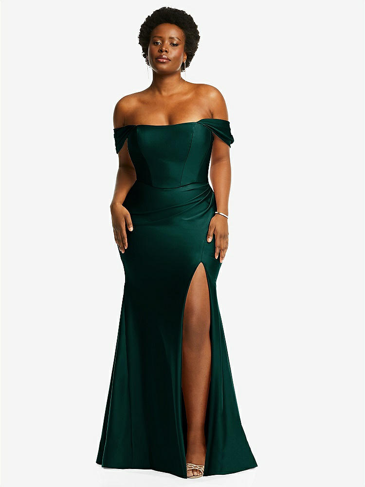 【STYLE: CS101】Off-the-Shoulder Corset Stretch Satin Mermaid Dress with Slight Train【COLOR: Evergreen】