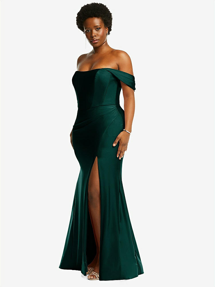 【STYLE: CS101】Off-the-Shoulder Corset Stretch Satin Mermaid Dress with Slight Train【COLOR: Evergreen】