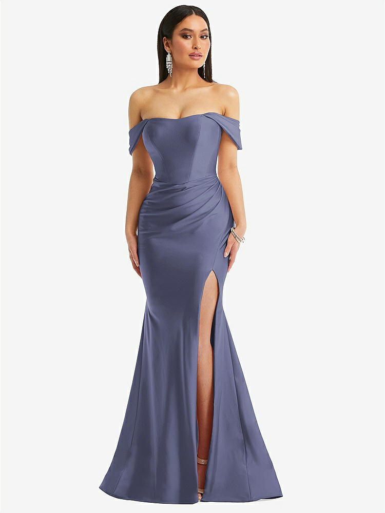 【STYLE: CS101】Off-the-Shoulder Corset Stretch Satin Mermaid Dress with Slight Train【COLOR: French Blue】